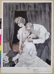 Mari soupçonneux observant la modification du laçage du corset de sa femme, 1909